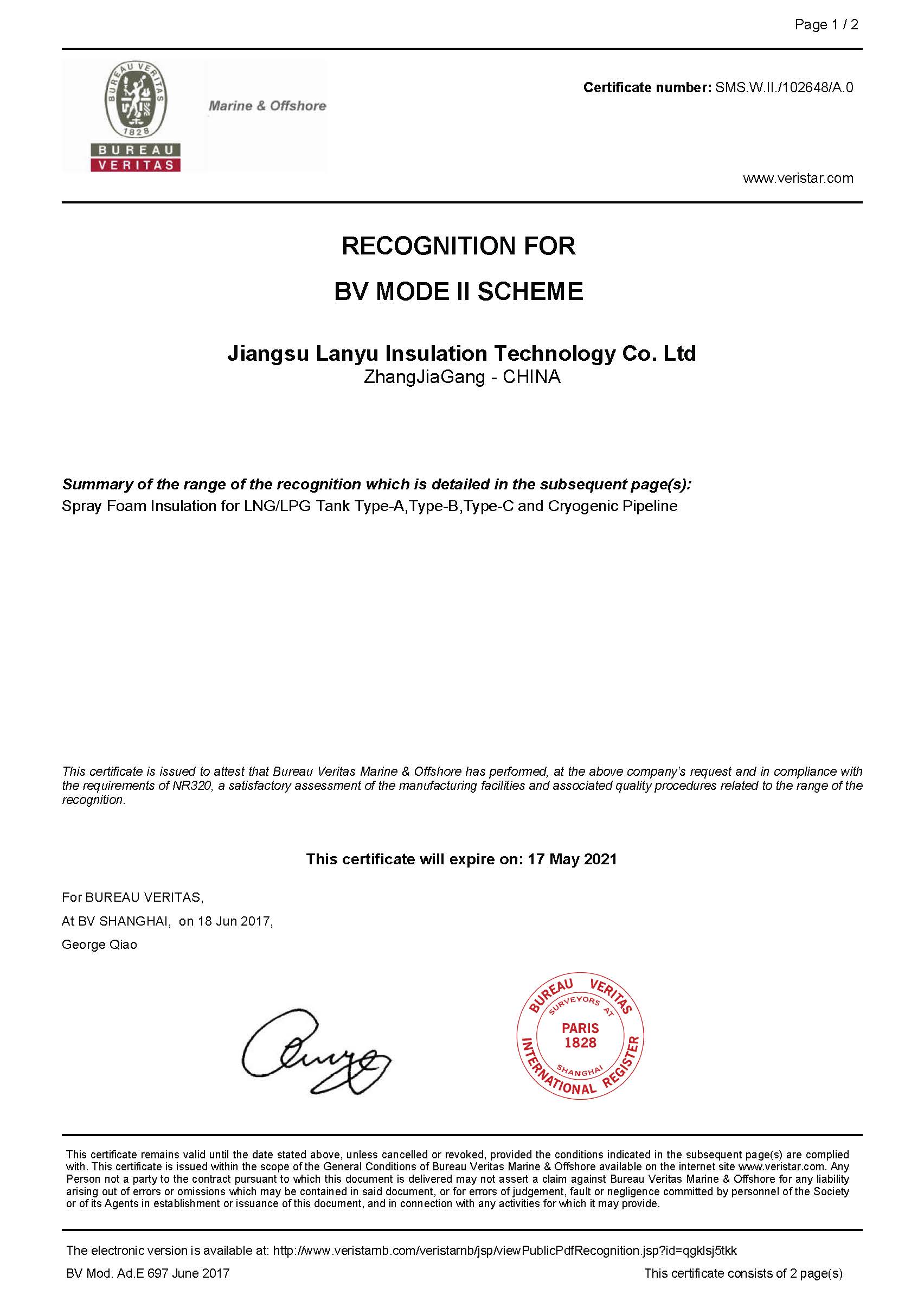 BV-WORKSHOP MODE II Certificate