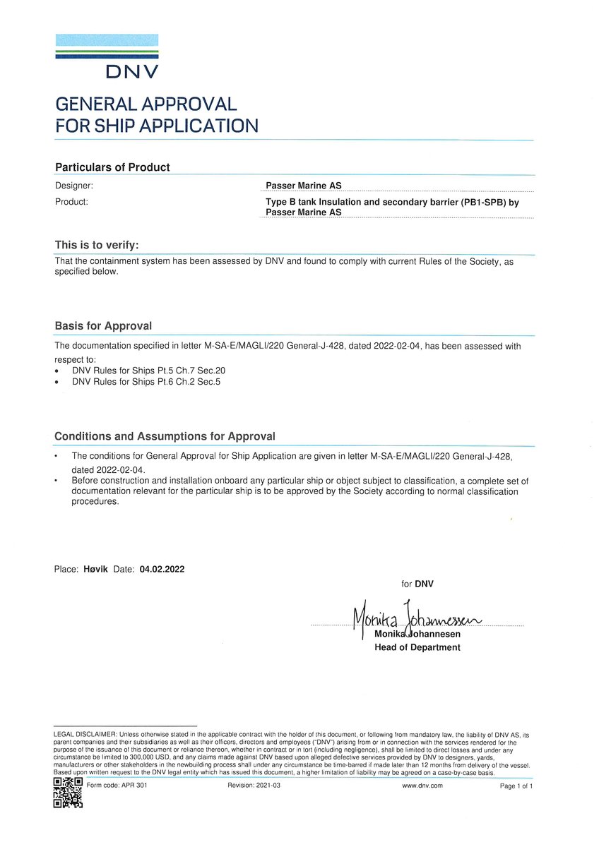DNV-B TANK GASA certificate